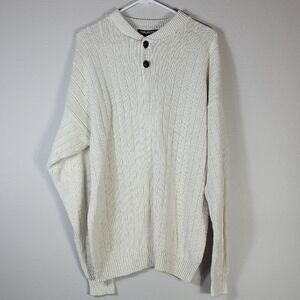 Y2K Vintage Men Chunky Knit Sweater Size L Ramie Cream Ivory Coastal Henley
